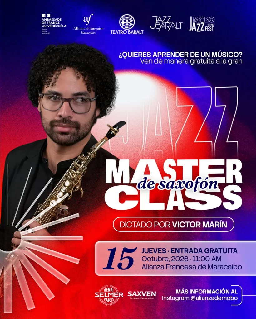 Póster de la Master Class de Saxofón con Víctor Marín en la Alianza Francesa de Maracaibo, 15 de octubre de 2026